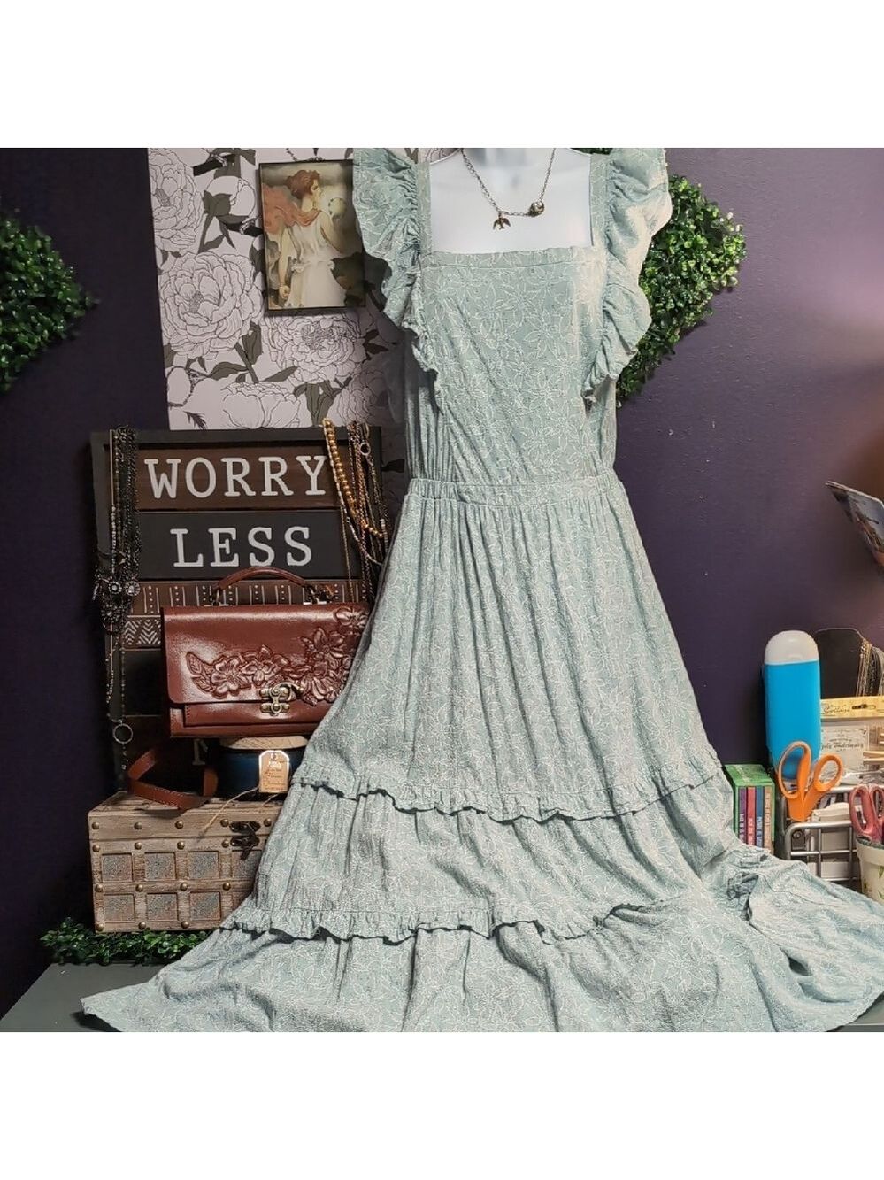 Open Back Soft Blue Cotton Tiered Maxi
